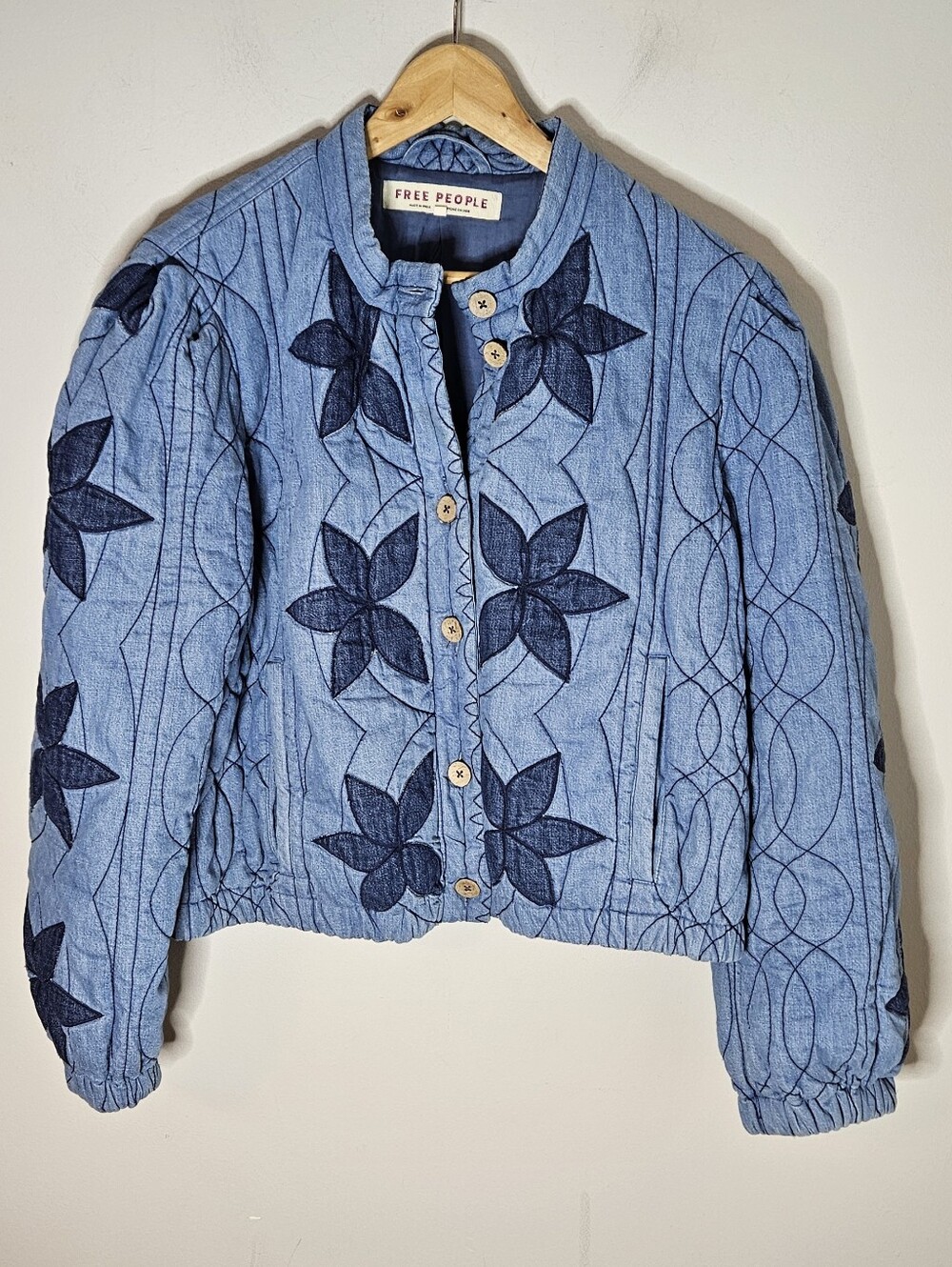 Free People Quinn Quilted Cotton Denim Jacket Indigo Combo NEW BUTTONS Women's L